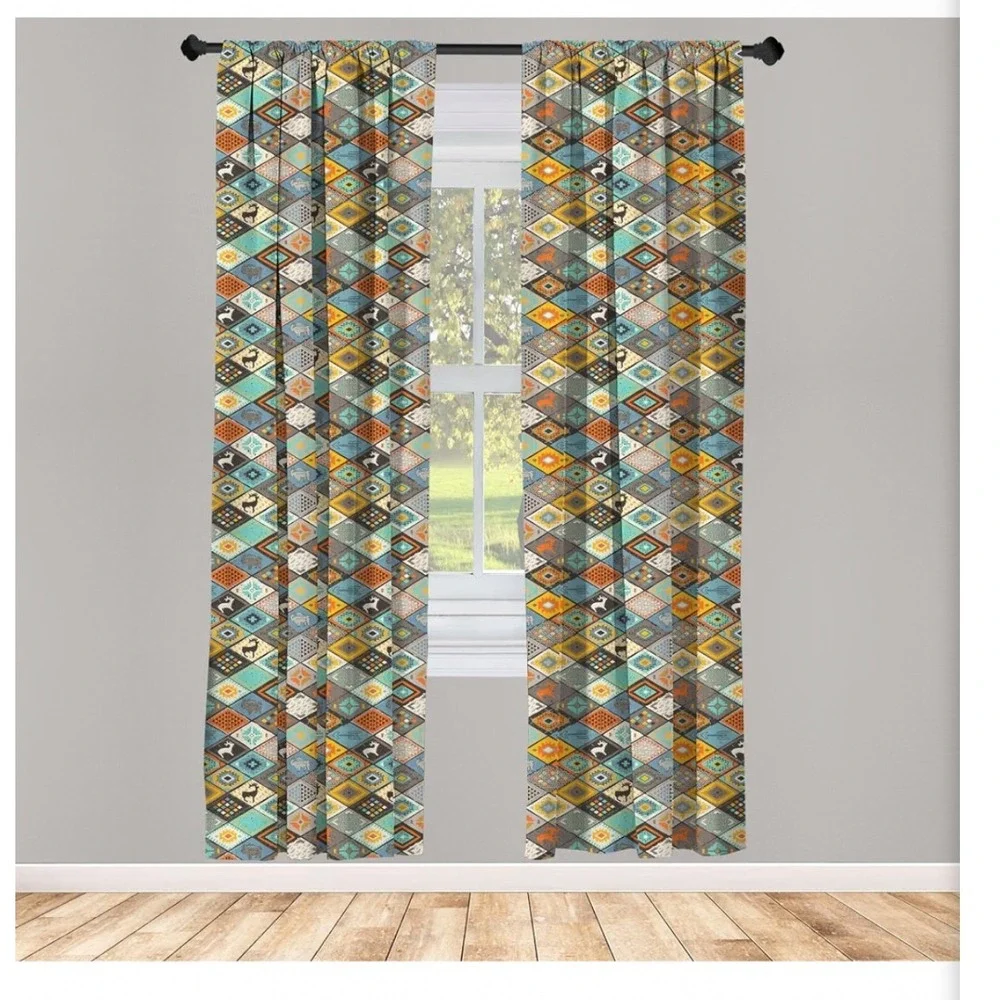 Lunarable Southwestern Ethnic Curtains 2 Panel Set Boho Rhombus Yellow 28x95
